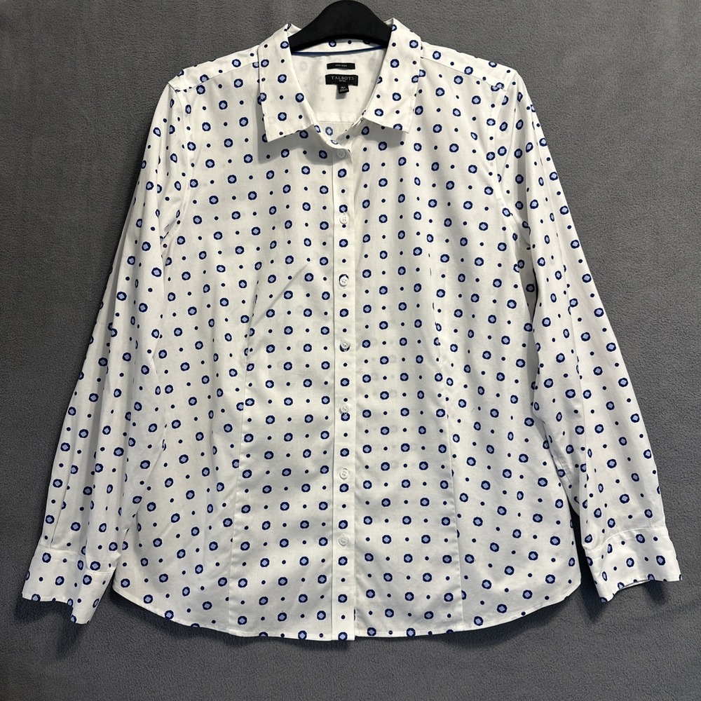 Talbots Non-Iron Button Up Shirt Size 16P Petite White Blue Geometric Print